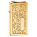 Зажигалка ZIPPO узкая Венецианская с покрытием глянцевая латунь | Slim® Venetian® High Polish Brass, латунь/сталь, золотистая, глянцевая, 29x10x60 мм для нанесения логотипа