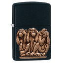 Зажигалка ZIPPO Три обезьяны с черным матовым покрытием | Three Monkeys Black Matte, латунь/сталь, чёрная, матовая, 38x13x57 мм для нанесения логотипа