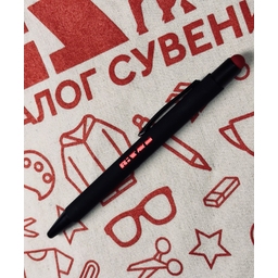 Ручка шариковая Raven со стилусом, черная с красной гравировкой, мерч Бизон для нанесения логотипа