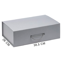Подарочная коробка, размер 39*26,3*11 см, Solution Prestige Big Case Linen с магнитным клапаном и ручкой , с EVA ложементом 36,8*25,1*4 см под индивидуальную вырубку, серебристая для нанесения логотипа
