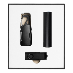 Набор подарочный Solution Superior Trio (флешка USB 2.0 Twister 16GB, пластик Софт Тач/металл, черный/черный, фонарик Tools Spot, брелок-карабин Tools Module) для нанесения логотипа