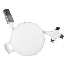Кабель зарядный выдвижной USB Wingle  3-в-1 на Lightning, Micro-USB, Type-C «U50»  2,4 A, Quick Charge с подставкой для телефона, белый для нанесения логотипа