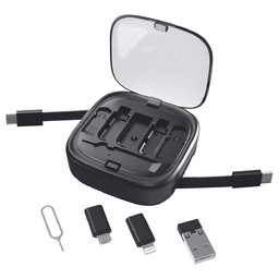 Кабель зарядный выдвижной USB Solid Link 5-в-1 на Lightning, Micro-USB, Type-C «U50» 2,4 A, C to C, Quick Charge с подставкой для телефона, квадратный, черный для нанесения логотипа