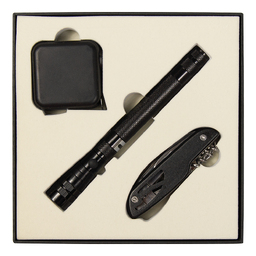 Набор подарочный Solution Superior Trio (Фонарь телескопический Tools Flashlight, рулетка Tools Master, 3 метра, нож складной многофункциональный Tools Driver, 7 в 1) черный для нанесения логотипа