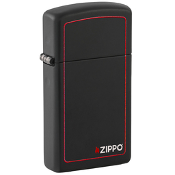 Зажигалка ZIPPO узкая с фирменным логотипом и красной окантовкой с черным матовым покрытием | Slim® Black Matte, латунь/сталь, чёрная, 29x10x60 мм для нанесения логотипа
