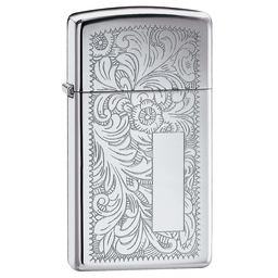 Зажигалка ZIPPO узкая Венецианская с покрытием глянцевый хром | Slim® Venetian® High Polish Chrome, латунь/сталь, серебристая, глянцевая, 29x10x60 мм для нанесения логотипа