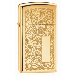 Зажигалка ZIPPO узкая Венецианская с покрытием глянцевая латунь | Slim® Venetian® High Polish Brass, латунь/сталь, золотистая, глянцевая, 29x10x60 мм для нанесения логотипа