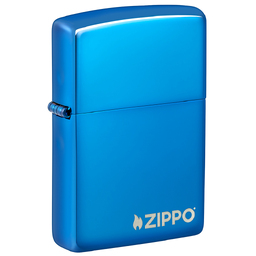 Зажигалка ZIPPO Логотип с синим глянцевым покрытием | Logo High Polish Blue, с лого, латунь/сталь, синяя, глянцевая, 38x13x57 мм для нанесения логотипа