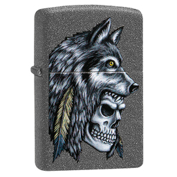 Зажигалка ZIPPO Череп с головой волка с каменным покрытием | Wolf Skull Iron Stone, латунь/сталь, серая, матовая, 38x13x57 мм для нанесения логотипа