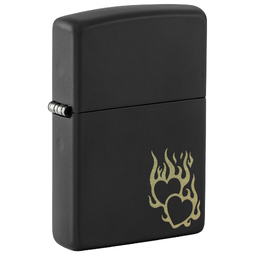 Зажигалка ZIPPO Сердца в огне с черным матовым покрытием | Fire Heart Black Matte, латунь/сталь, черная, матовая, 38x13x57 мм для нанесения логотипа