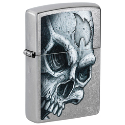 Зажигалка ZIPPO Череп и пламя с покрытием поцарапанный хром | Skull and Flame Street Chrome, латунь/сталь, серебристая, матовая, 38x13x57 мм для нанесения логотипа