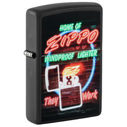 Зажигалка ZIPPO Неоновая вывеска с черным матовым покрытием | Zippo Design Black Matte, латунь/сталь, черная, матовая, 38x13x57 мм для нанесения логотипа