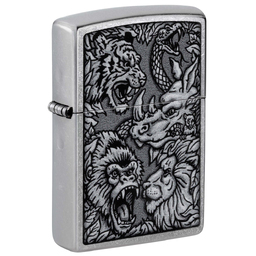 Зажигалка ZIPPO Джунгли с покрытием поцарапанный хром | Jungle Design Street Chrome, латунь/сталь, серебристая, 38x13x57 мм для нанесения логотипа
