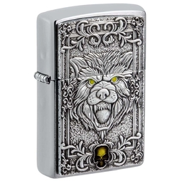 Зажигалка ZIPPO Эмблема с головой волка с покрытием матовый хром | Wolf Emblem Brushed Chrome, латунь/сталь, серебристая, 36x13x57 мм для нанесения логотипа