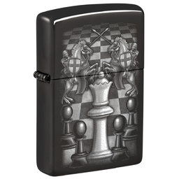 Зажигалка ZIPPO Шахматы с черным глянцевым покрытием | Chess Design High Polish Black, латунь/сталь, черная, 38x13x57 мм для нанесения логотипа