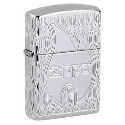 Зажигалка ZIPPO Armor® Пламя с покрытием Глянцевый хром | Flame Design High Polish Chrome, латунь/сталь, серебристая, 38x13x57 мм для нанесения логотипа