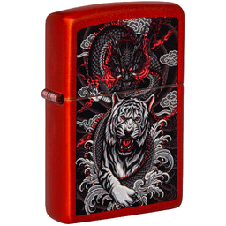 Зажигалка ZIPPO Дракон и тигр с металлизированным красным покрытием | Dragon Tiger Design Metallic Red, латунь/сталь, красная, 38x13x57 мм для нанесения логотипа