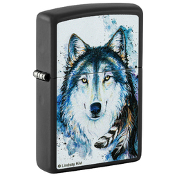 Зажигалка ZIPPO Линдси Киви «Хороший волк» с черным матовым покрытием | Lindsay Kivi Good Wolf Black Matte, латунь/сталь, черная,матовая, 38x13x57 мм для нанесения логотипа