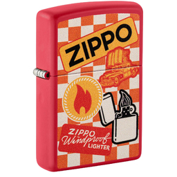 Зажигалка ZIPPO Ретро с красным матовым покрытием | Retro Design Red Matte, латунь/сталь, красная, матовая, 38x13x57 мм для нанесения логотипа
