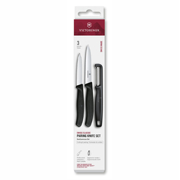 Набор из 3 ножей для овощей VICTORINOX: нож 8 см, нож 10 см, овощечистка, чёрная рукоять для нанесения логотипа