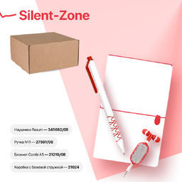 Набор подарочный SILENT-ZONE: бизнес-блокнот, ручка, наушники, коробка, стружка, бело-красный для нанесения логотипа