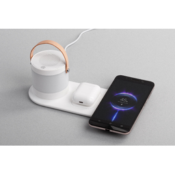 Настольная беспроводная (15W) зарядная станция "Smart Home" с bluetooth колонкой-лампой для нанесения логотипа