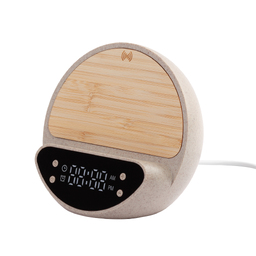 Настольные часы "Smiley" с беспроводным (10W) зарядным устройством и будильником, пшеница/бамбук/пластик для нанесения логотипа