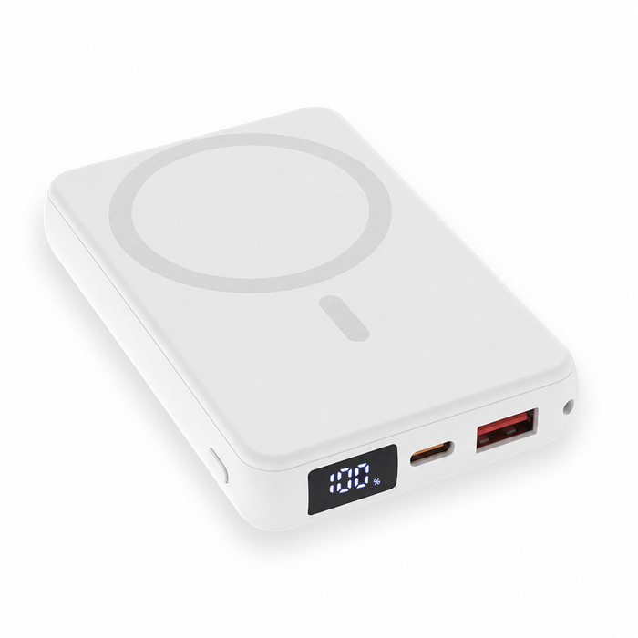 Магнитный внешний аккумулятор Quantum с беспроводной зарядкой (15W), 10000 Mah, белый для нанесения логотипа