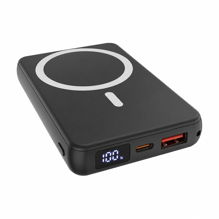 Магнитный внешний аккумулятор Quantum с беспроводной зарядкой (15W), 10000 Mah, черный для нанесения логотипа