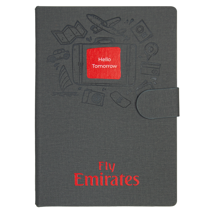 Блокнот А5 Tasmania Print Sample Fly Emirates,  в твердой обложке со стикерами в линейку, серый для нанесения логотипа