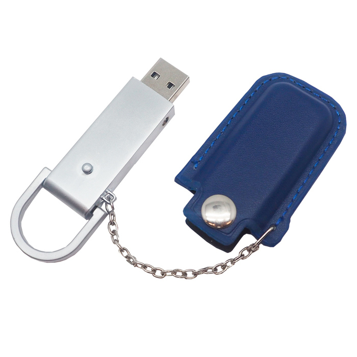 Флеш накопитель USB 2.0 Palermo в кожаном чехле 32GB, металл, синий/серебристый для нанесения логотипа