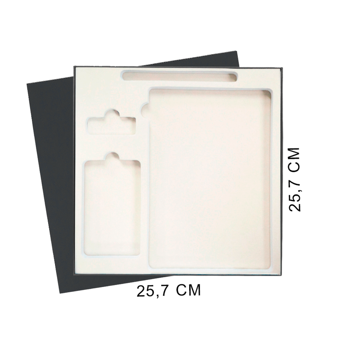 Коробка подарочная Solution Superior Linen, черная, 25,7x25,7, с вырубкой под ежедневник/ручку/флешку/пауэрбанк 7,0х11,7 для нанесения логотипа