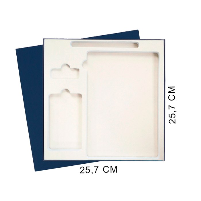 Коробка подарочная Solution Superior Linen, темно-синяя, 25,7x25,7, с вырубкой под ежедневник/ручку/флешку/пауэрбанк 7,0х11,7 для нанесения логотипа