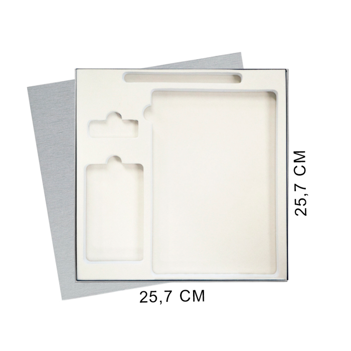 Коробка подарочная Solution Superior Linen, серебро, 25,7x25,7, с вырубкой под ежедневник/ручку/флешку/пауэрбанк 7,0х11,7 для нанесения логотипа
