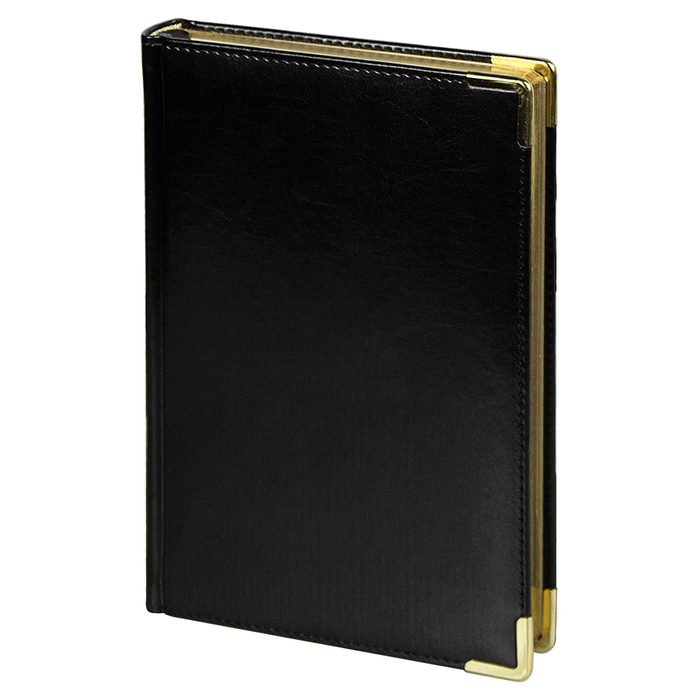 Ежедневник полудатированный Classic Pristine Gold А5, черный с золотом, с металлическими уголками, в твердой обложке с поролоном для нанесения логотипа