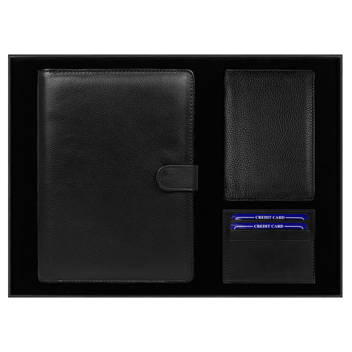 Набор подарочный Solution Prestige Quadro (Блокнот Flexy Forest Urban Latte в суперобложке Country Leather Sky, обложка для автодокументов Leather Sun, футляр для кредитных карт/картхолдер Leather Way) для нанесения логотипа