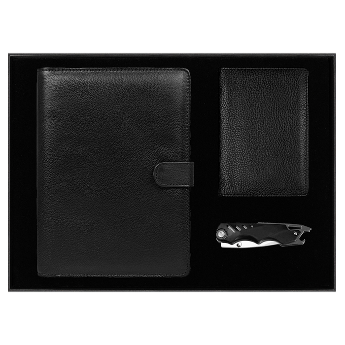 Набор подарочный Solution Prestige Quadro (Блокнот Flexy Forest Urban Latte в суперобложке Country Leather Sky, обложка для автодокументов Leather Sun, нож складной Tools Impression) для нанесения логотипа