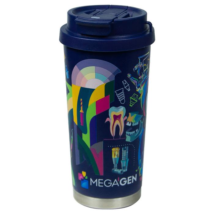 Термокружка Cosmostar Print Sample "Megagen" металлическая, 550 мл, темно-синяя  с серебром в тубусе для нанесения логотипа