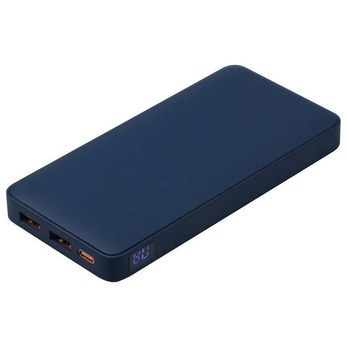 Внешний аккумулятор (powerbank)  «WeCharge Soft Touch»,  10 000 mAH, Power Delivery (PD) 25.5W, со светящимся логотипом после гравировки, c цифровым дисплеем для контроля заряда, темно-синий для нанесения логотипа