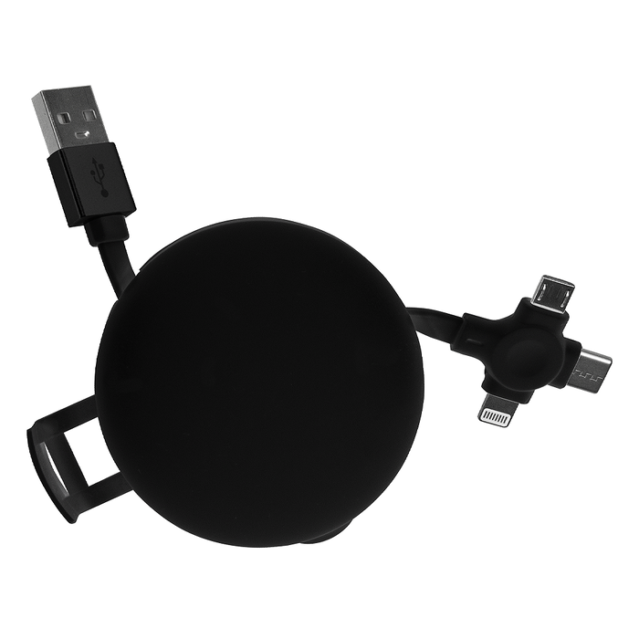 Кабель зарядный выдвижной USB Wingle  3-в-1 на Lightning, Micro-USB, Type-C «U50»  2,4 A, Quick Charge с подставкой для телефона, черный для нанесения логотипа