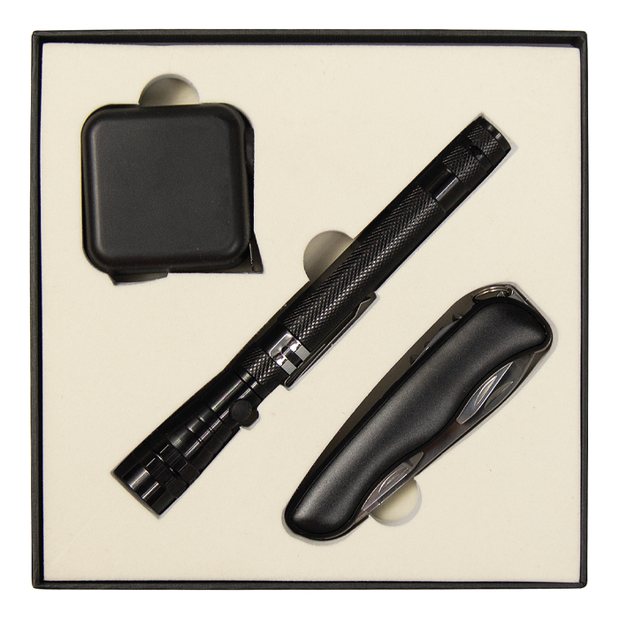 Набор подарочный Solution Superior Trio (Фонарь телескопический Tools Flashlight, рулетка Tools Master, 3 метра, нож складной Tools Nova ) черный для нанесения логотипа