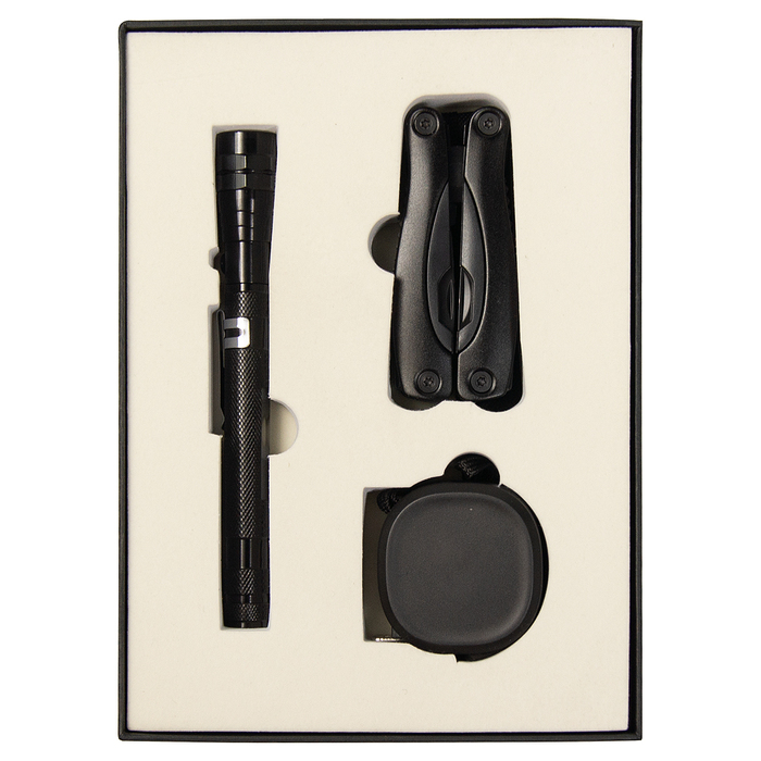 Набор подарочный Solution Superior Trio (Фонарь телескопический Tools Flashlight, рулетка Tools Trecker 3 метра, мультитул Tools Birmingham), черный для нанесения логотипа