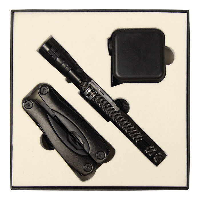 Набор подарочный Solution Superior Trio (Фонарь телескопический Tools Flashlight, рулетка Tools Master, 3 метра, Мультитул Tools Birmingham) черный для нанесения логотипа