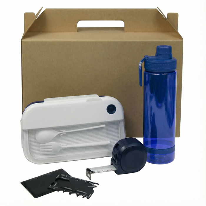 Набор подарочный Solution Everyday Kit Quattro (мультитул, рулетка, ланч бокс, бутылка для воды), темно-синий для нанесения логотипа