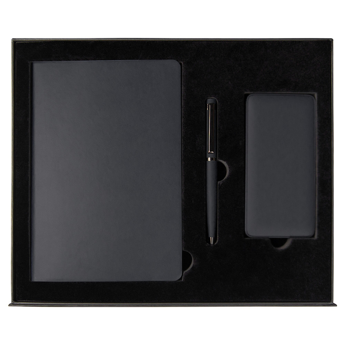 Набор подарочный Solution Prestige Yota Trio (Ежедневник Flexy Latte Soft Touch Black Edition Color А5, Внешний аккумулятор (powerbank) «WeCharge Soft Touch», Ручка Grand Attashe металлическая,) в подарочный коробке, черный для нанесения логотипа