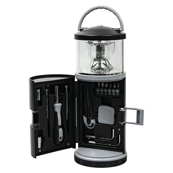 Набор инструментов Tools lantern cо встроенной лампой , 15 инструментов,  черный, в пластиковом футляре для нанесения логотипа