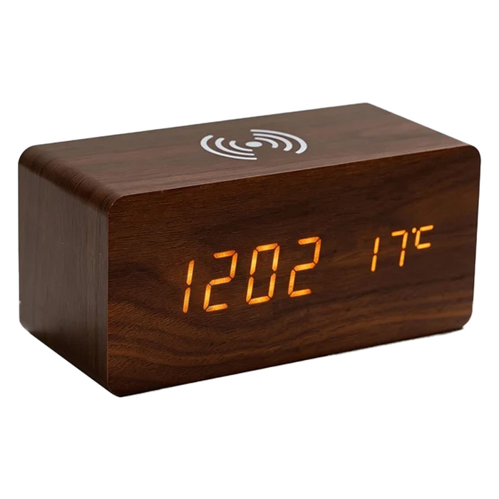 Зарядное устройство 15W Wireless Time Hub с часами, термометром, календарем, темно-коричневое для нанесения логотипа