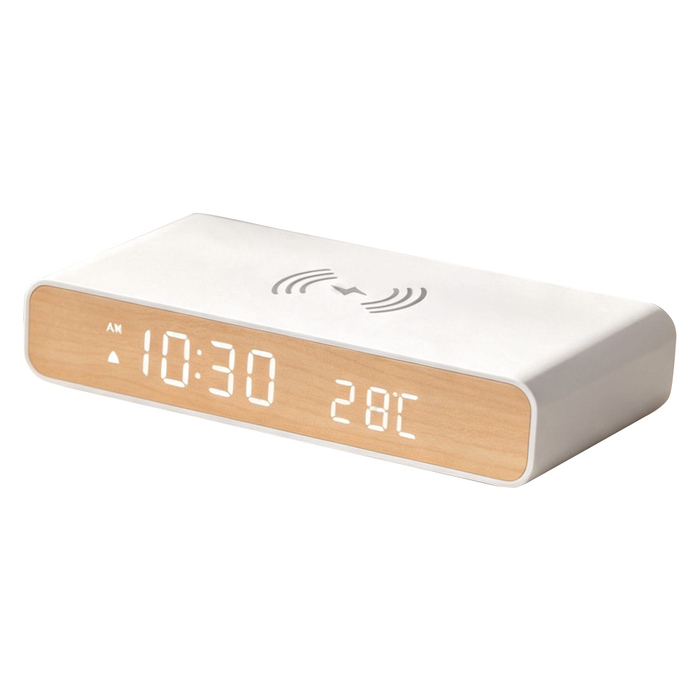 Зарядное устройство 15W Aura Clock с часами, термометром, календарем, белое для нанесения логотипа