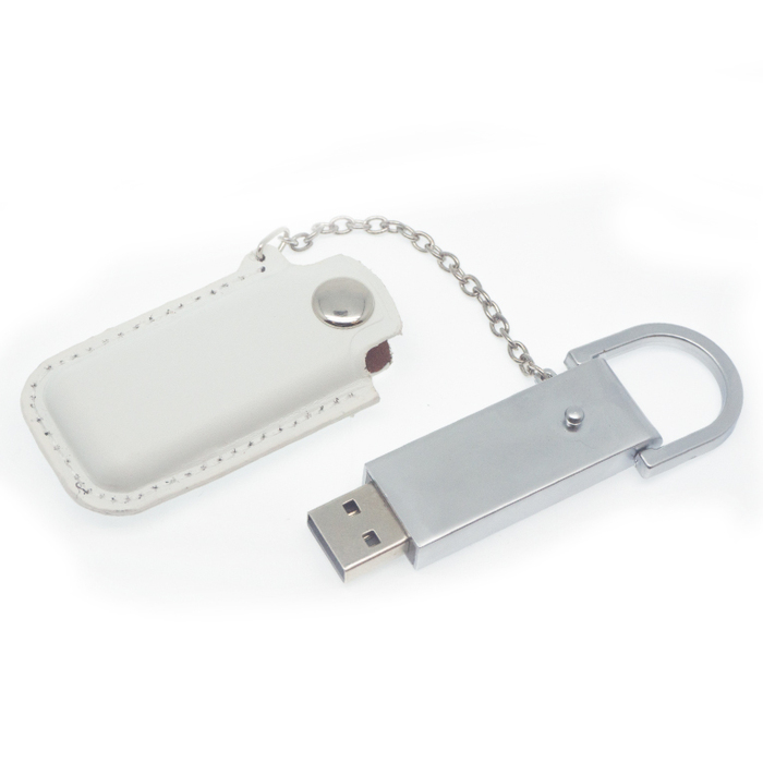 Флеш накопитель USB 2.0 Palermo в кожаном чехле 16GB, металл, белый/серебристый для нанесения логотипа