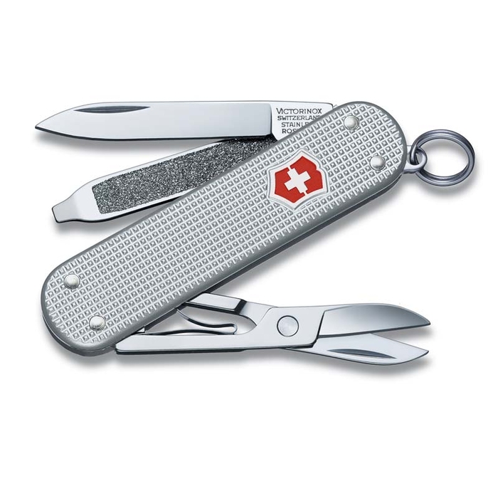 Нож-брелок VICTORINOX Classic Alox, 58 мм, 5 функций, алюминиевая рукоять, серебристый для нанесения логотипа